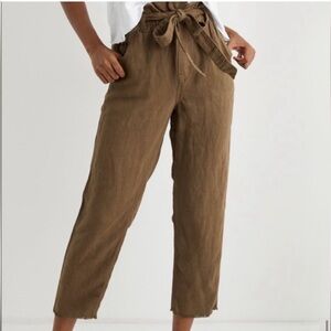 aerie Olive Brown Paperbag Ruffled Waist Lightweight Linen Blend Pants